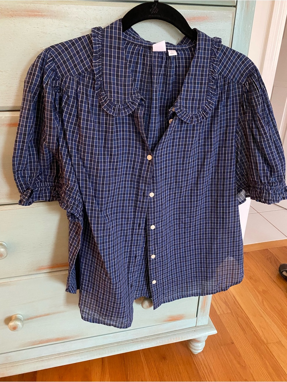 Gap Blue Checked Puff-Sleeve Button-Front Top
